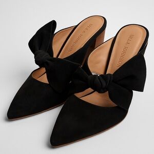Ulla Johnson Black Bow Mules Suede 100% Leather Stacked Cone Heel Size 38 8
